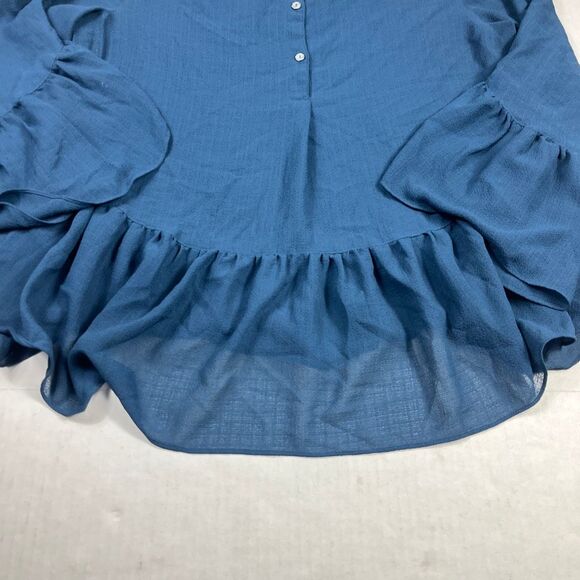 Max Studio Henley Peplum Blouse Blue Ruffled Bell Sleeve Peasant Flowy Shirt L - Picture 2 of 10